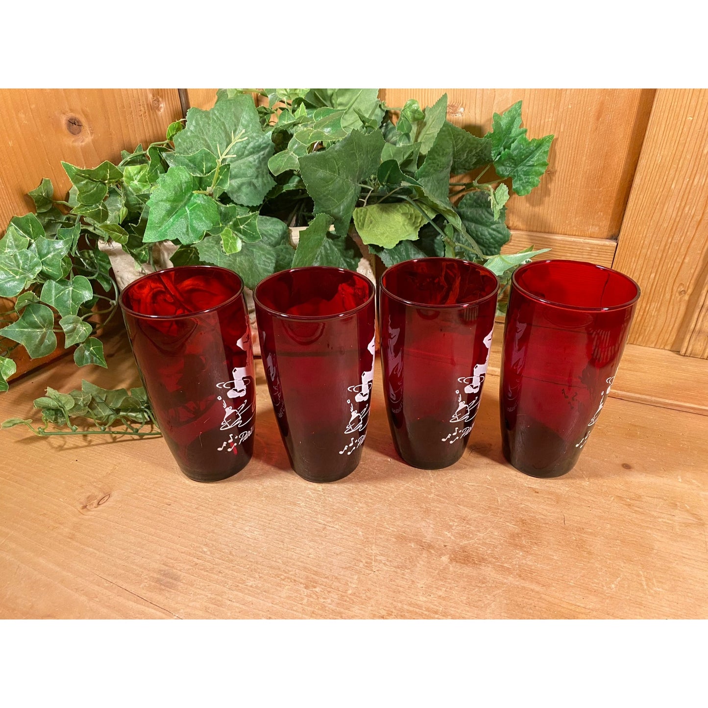 Vintage Ruby Red Glass Square Dancing Glasses - Set of 4  | Partners All  | Anchor Hocking | Ruby Glass Water Glasses | Midcntury Modern