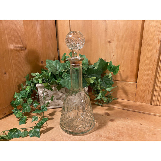Vintage Clear Glass Wine Decanter with Diamond Pattern | Glass Wine Decanter with Round Stopper | Academia Table Decor | Home Bar | Barware