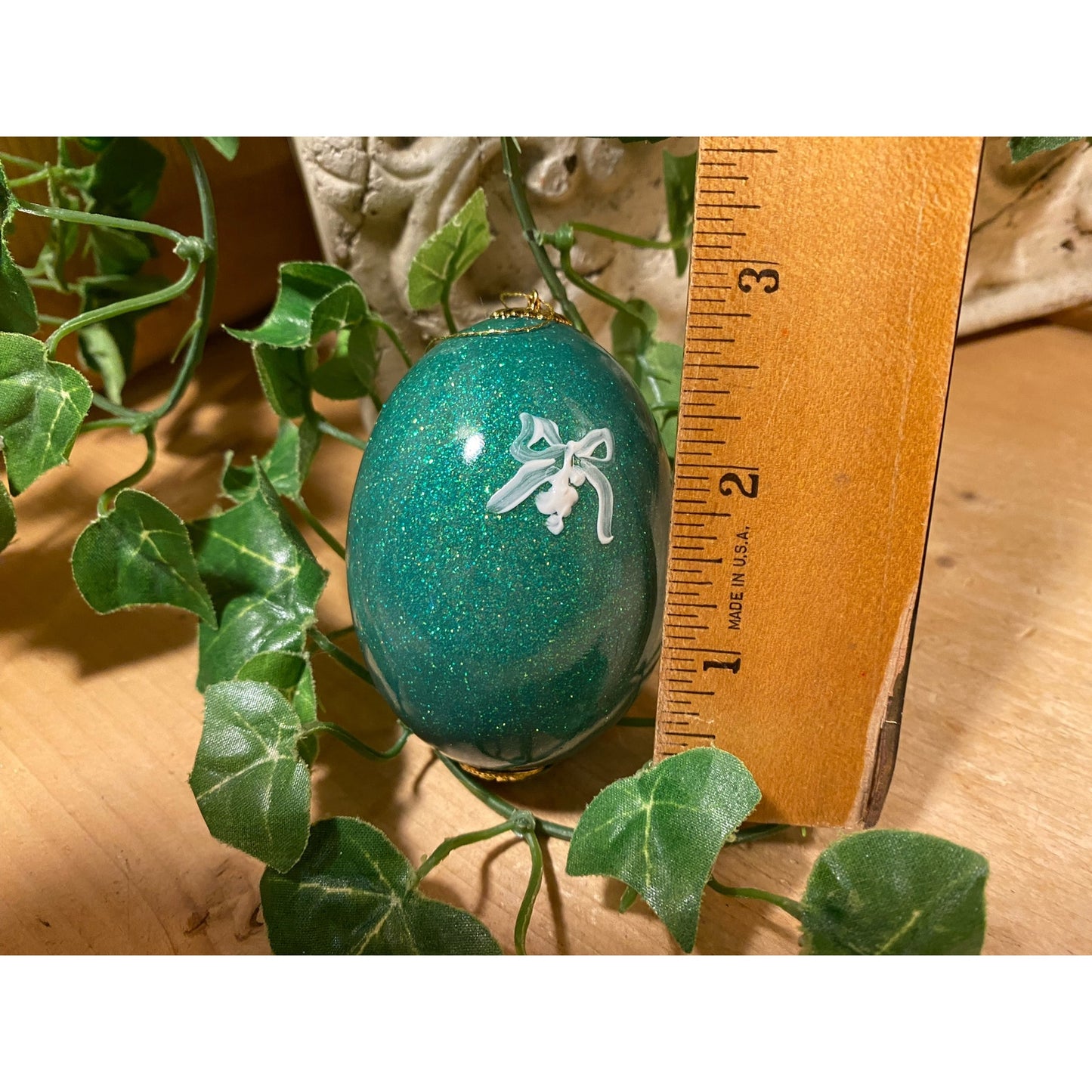Vintage Handpainted Real Eggshell Ornament | Angels Under Mistletoe | Eggsquisite Egg | Green Christmas Egg | Painted Egg Signed by Artist