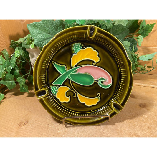 Vintage Olive Green Majolica Ashtray with Abstract Floral Design | Midcentury Modern Table Decor | Green Floral Ceramic Ashtray | Boho Decor