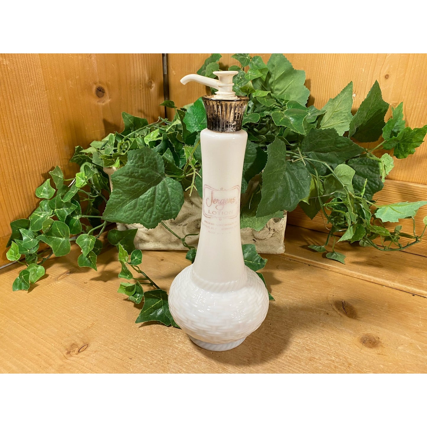 Vintage White Hobnail Glass Jergens Lotion Bottle with Pump | Midcentury Modern Bathroom Decor | White Genie-Style Bottle | Vanity Decor