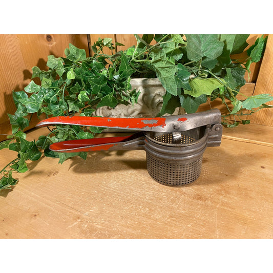 Vintage Red Metal Potato Ricer | Hand Press | Rustic Farmhouse Kitchen Decor | Vegetable Masher | Kitchen Gadget | Cooking Untensil