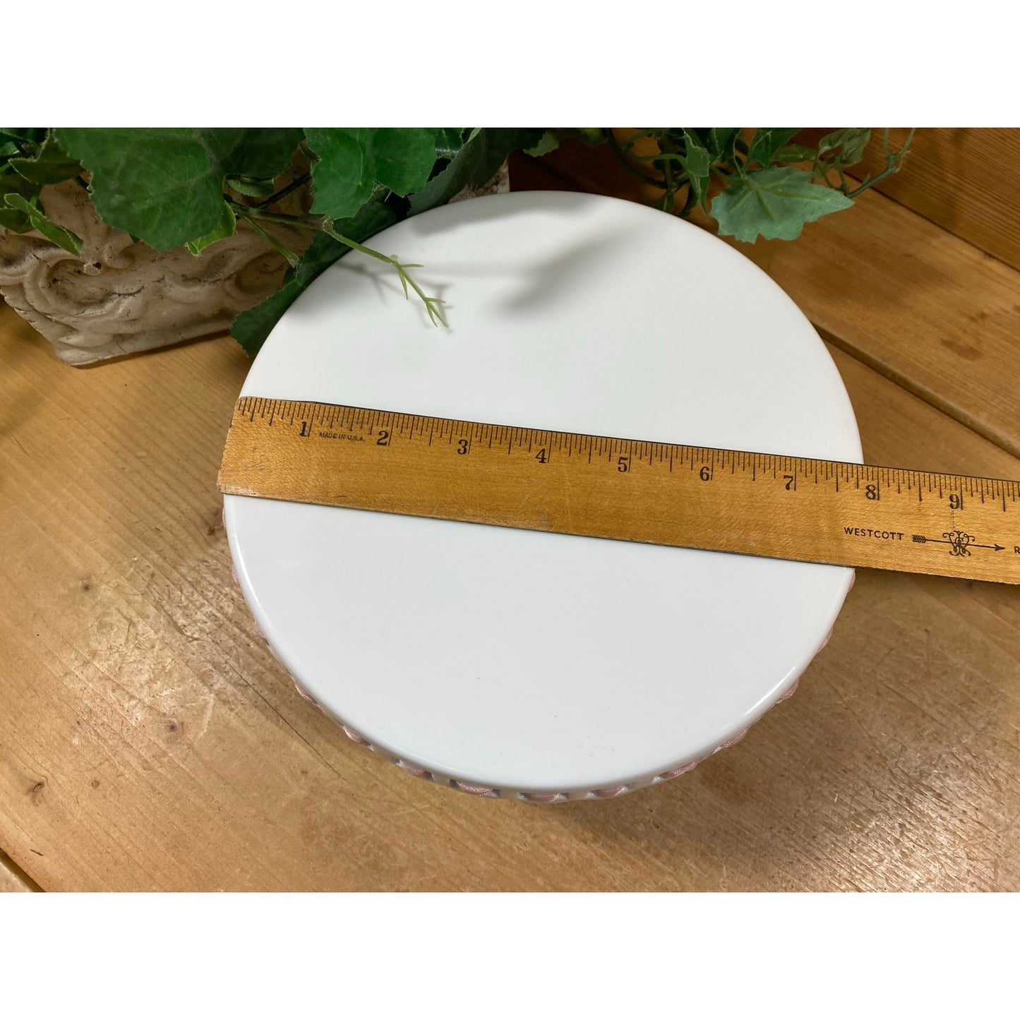 Vintage White Porcelain Pedestal Cake Stand with Pink Ribbon Trim | Coastline Imports | Shabby Chic Pedestal Cake Plate | Dessert Stand