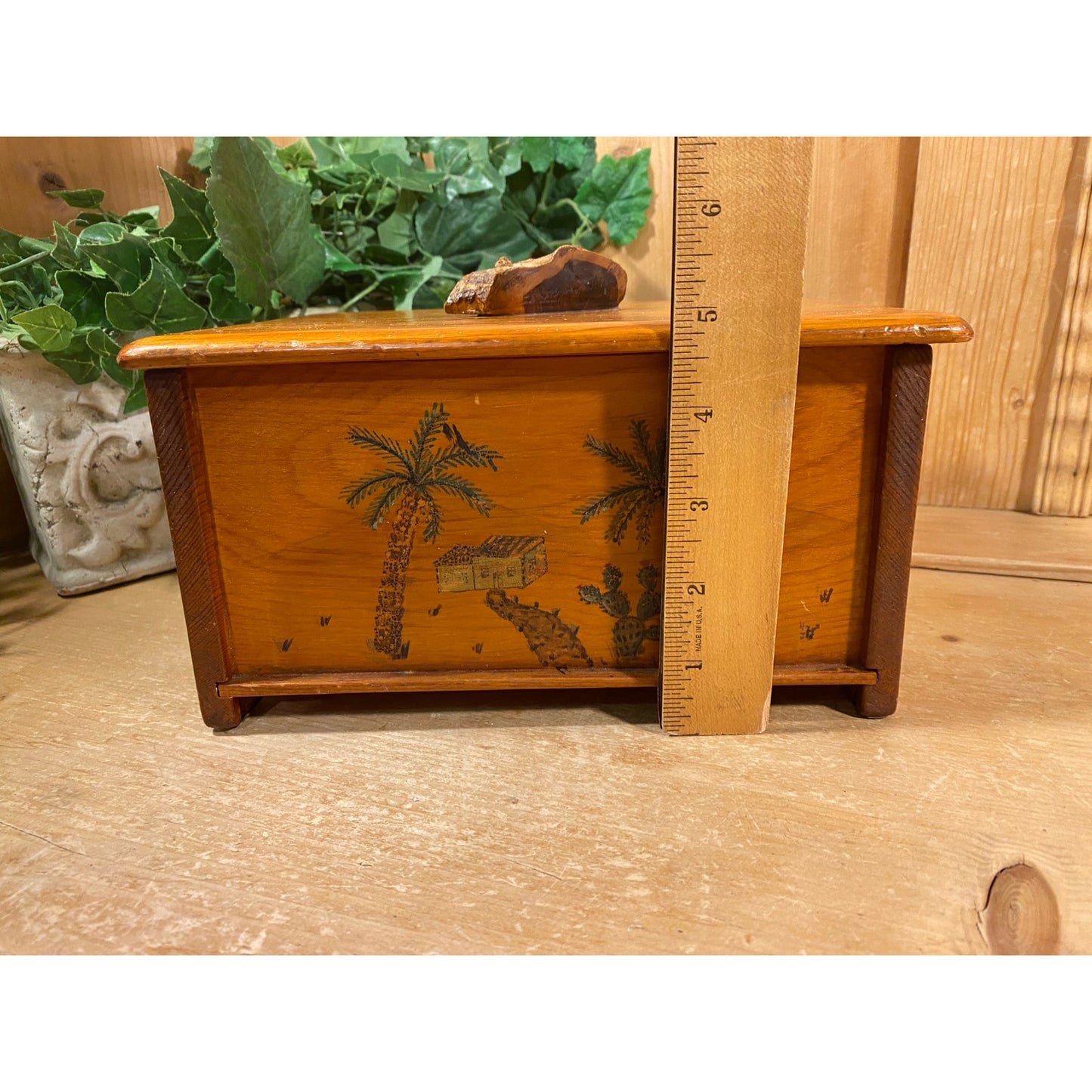Vintage Hand-Painted Wooden Jewelry Box with Lid | Palm Trees and Cactus | Crystal City, TX | Inscription - 1944 | Midcentury Keepsake Box