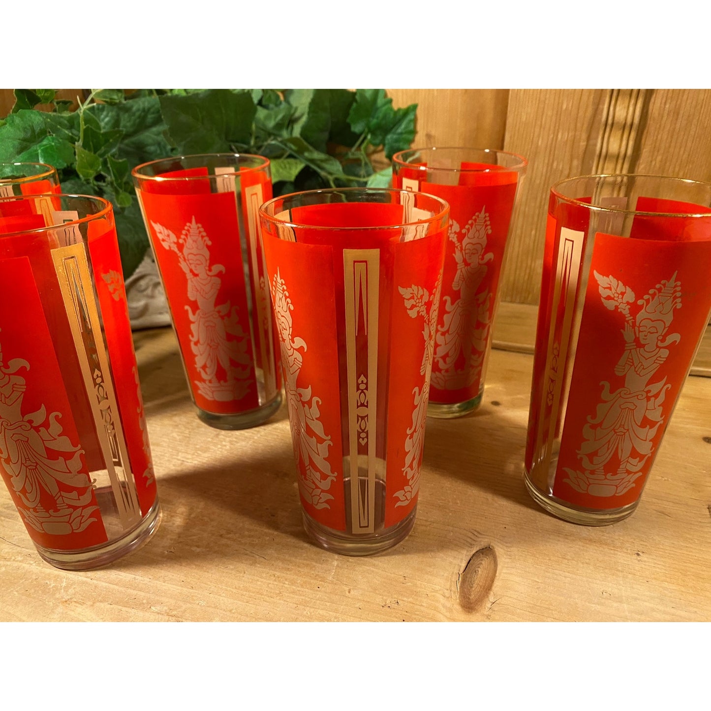 Vintage Red Thai Princess Glasses - Set of 6 | Culver | Midcentury Modern Drinking Glasses (A) | Thai Goddess | Academia | Hollywood Regency