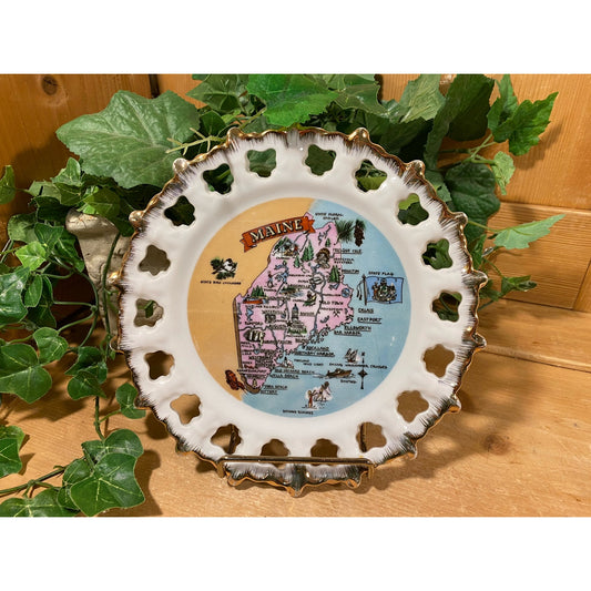 Vintage Souvenir Plate | Maine | USA Travel Plate | Midcentury Modern Wall Decor | Map of Maine | Collector Plate | Maine Souvenir