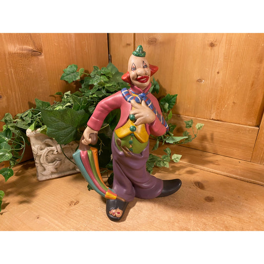 Vintage Ceramic Clown Figurine | Atlantic Mold | Colorful Clown Holding An Umbrella | Clowns | Midcentury Modern Shelf Decor | Circus Clown