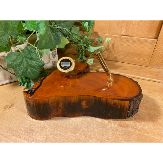 Vintage Cypress Wood Slab Desk Set | 1980s Decor | Pen Holder/Clock Desk Set | Wood Base with Live Edge | Digital Quartz Clock | Retro Decor