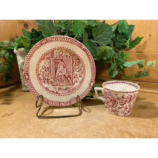 Vintage Little Mae and Pets Cup and Plate | Charles Allerton & Sons | Victorian Childs Tea Set | Made In England | Red Transferware Dish Set