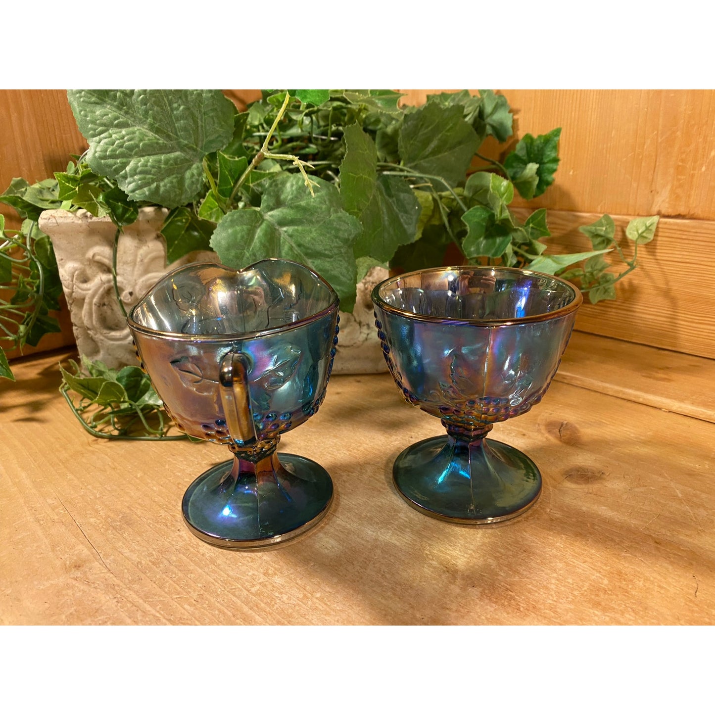 Vintage Harvest Grape Blue Carnival Glass Cream + Sugar Set | Indiana Glass | Shabby Chic | Iridescent Glass Cream Pitcher and Sugar Bowl