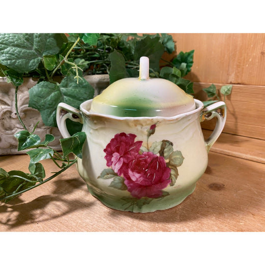 Vintage German Porcelain Sugar Bowl with Cottage Roses | Made In Germany | Floral Sugar Bowl with Lid and Handles | Shabby Chic Table Decor