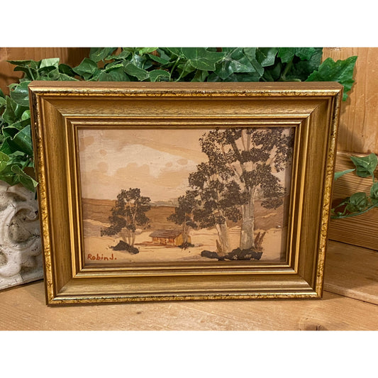 Vintage Australian Framed Landscape Art | Painting/Collage of Dried Tree Bark | Robin Johansen | 1970s Australian Folkart | Boho Wall Decor