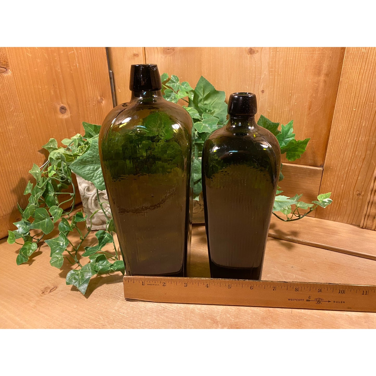 Antique Green Glass Bottles - Set of 2 | Olive Green Liquor Bottles | Primitive Shelf Decor | Rustic Farmhouse Kitchen | Vintage Bottles