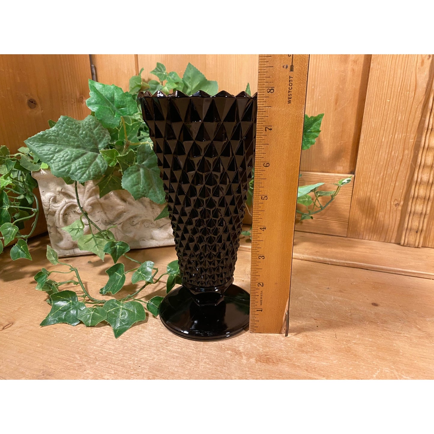 Vintage Black Amethyst Tiara Glass Flower Vase |  Indiana Glass | Diamond Point Black Glass Vase | Midcentury Modern Table Decor | Academia