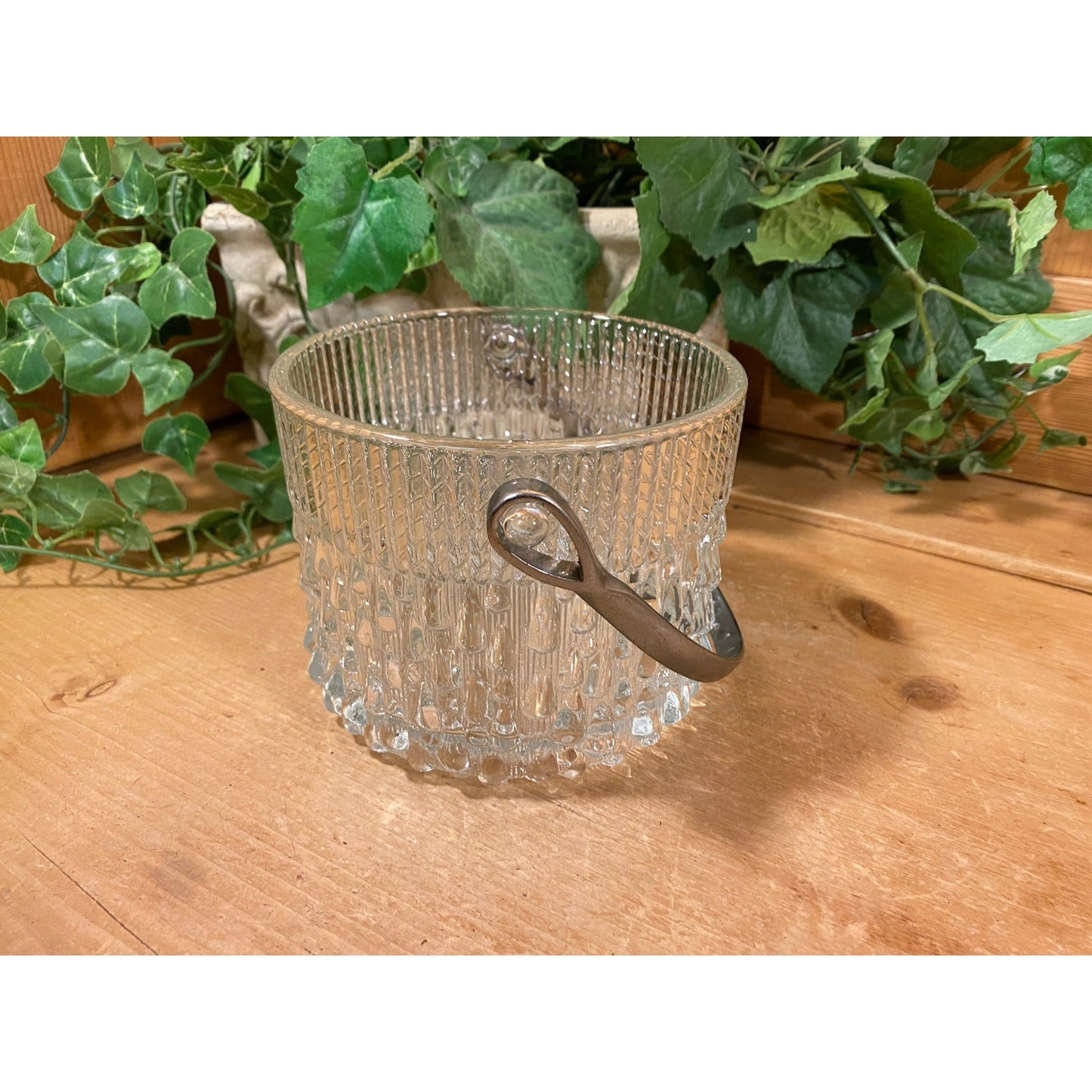 Vintage Round Clear Glass Ice Bucket with Metal Handle | Teleflora | Wine Chiller | MCM | Champagne Bucket | Ice Pail | Midcentury Modern