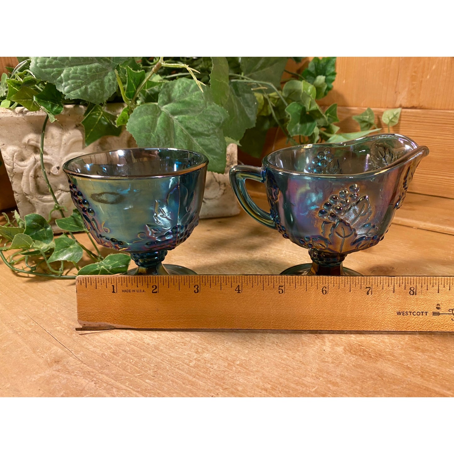 Vintage Harvest Grape Blue Carnival Glass Cream + Sugar Set | Indiana Glass | Shabby Chic | Iridescent Glass Cream Pitcher and Sugar Bowl