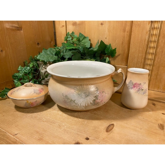 Vintage Floral Ceramic 3 pc. Chamber Pot Dresser Set | Victorian Bathroom Vanity Decor | Shabby Chic Bedroom Decor | Chamber Pot with Lid