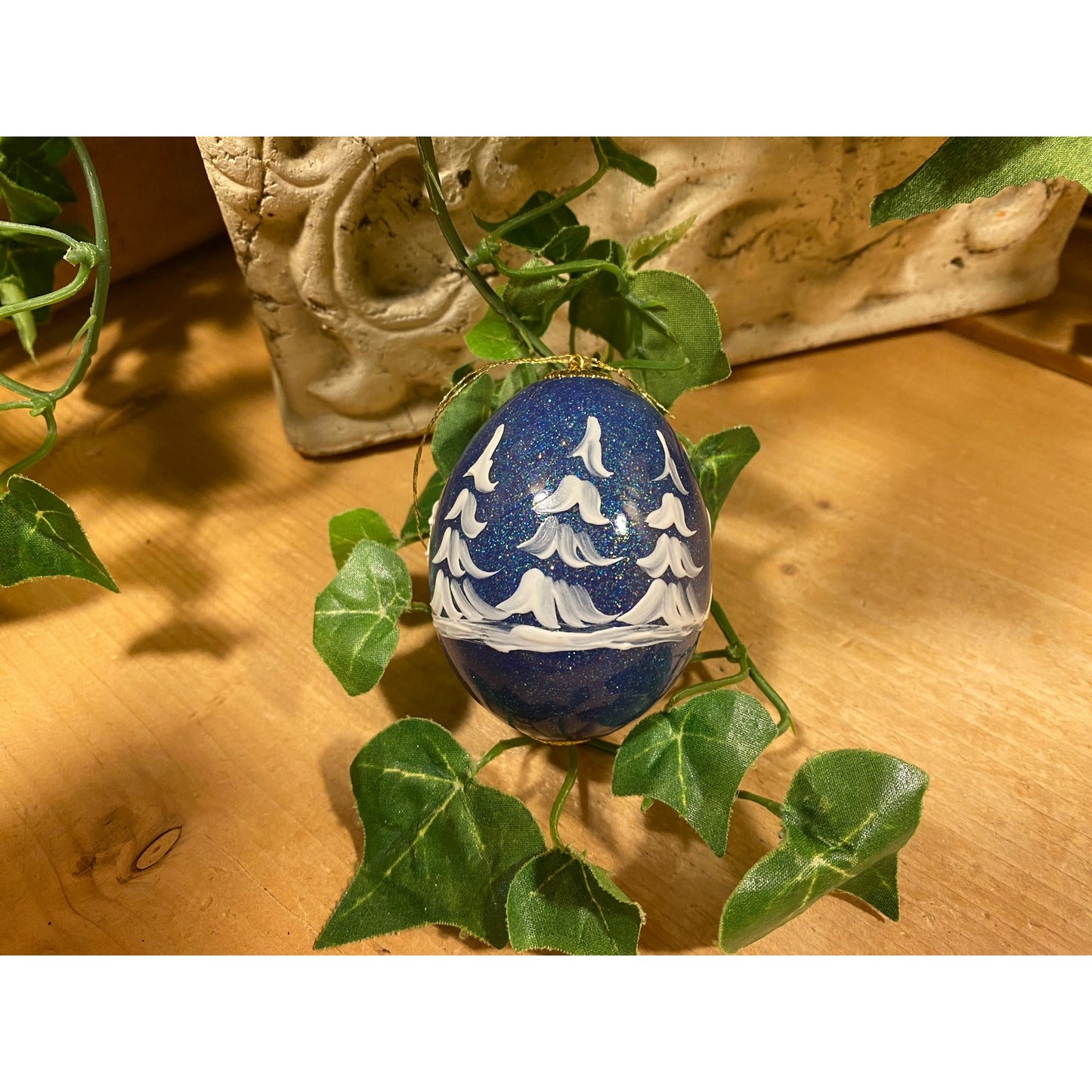 Vintage Handpainted Real Eggshell Ornament | Victorian Sleigh | Eggsquisite Egg | Blue Christmas Egg | Painted Chicken Egg Signed by Emily
