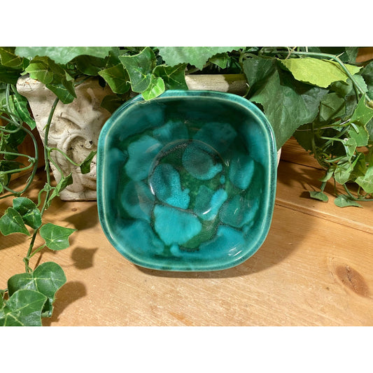 Vintage Handmade Green Glazed Pottery Bowl | Decorative Ceramic Planter | Dryden | Forest Green, Turquoise Blue | 1970s Table Decor