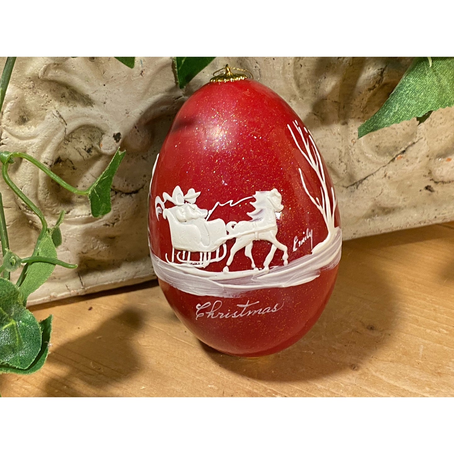 Vintage Handpainted Real Eggshell with Winter Sleigh Ride Scene | Eggsquisite Egg |Christmas | Folkart | Red Painted Egg (cup not included)
