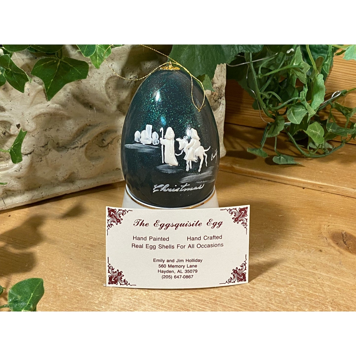 Vintage Handpainted Real Eggshell with Christmas Scene: Mary & Joseph | Eggsquisite Egg | Folkart | Dark Blue Painted Egg (cup not included)