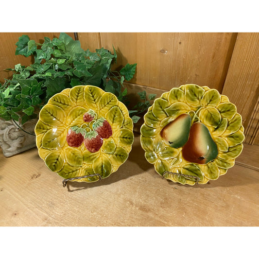 Vintage French Majolica Fruit Plates - Set of 2 | Sarreguemines | Strawberries and Pears | Cottagecore | Majolica Pottery Plates | France