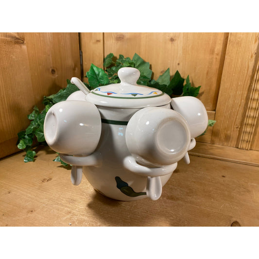 Vintage Ceramic 8 pc. Salsa Set | Salsa Tureen with Lid, Ladle, and Serving Cups | Tex Mex | Cottagecore | White Ceramic with Chili Peppers