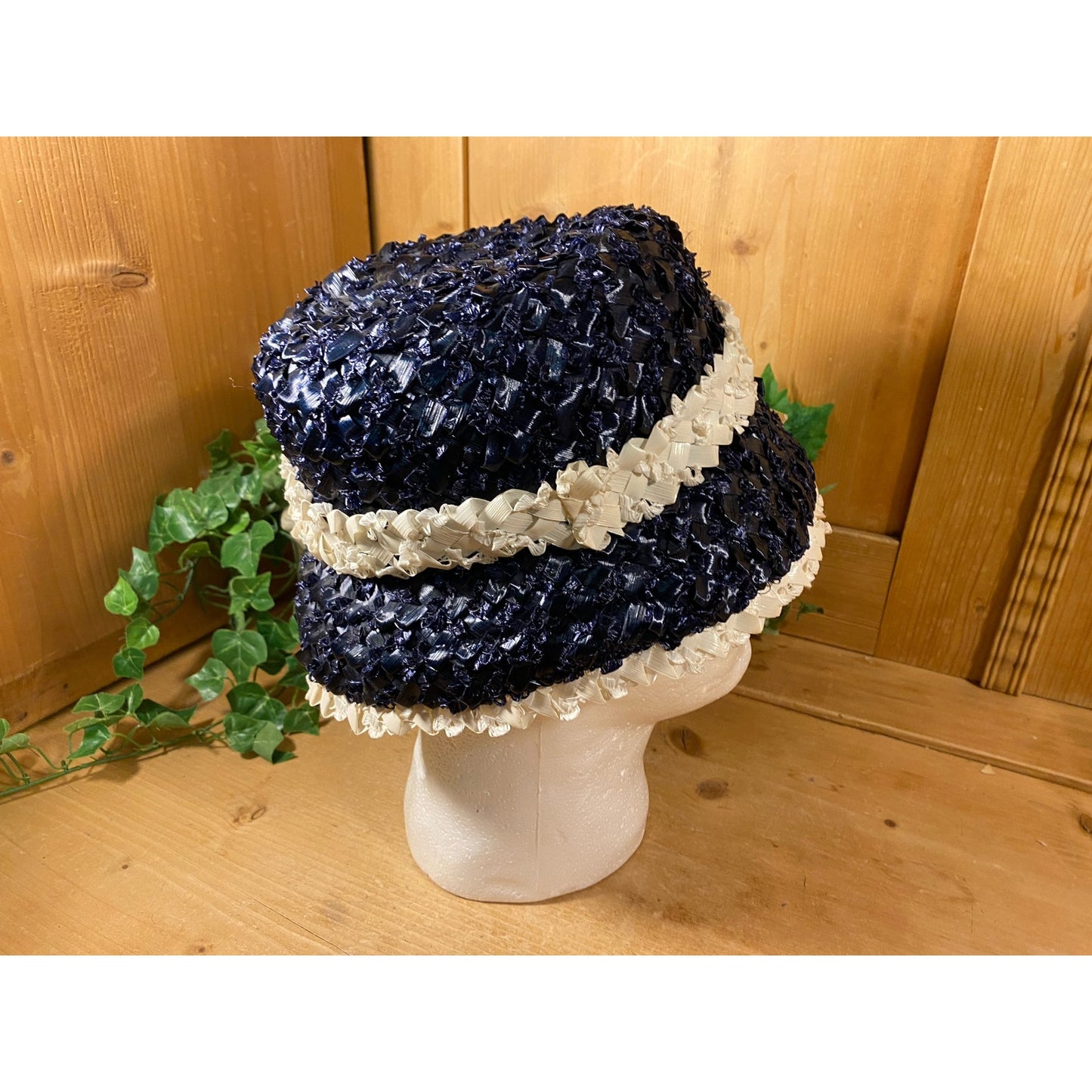 Vintage Blue Cello Straw Hat with Ivory Trim | Rikes Duby | Midcentury Modern | Navy Blue Cello Straw Hat | Costume | MCM | Womens Fashion