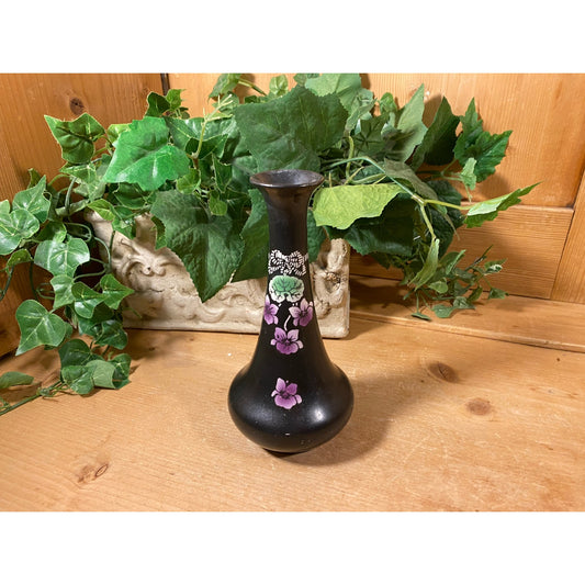 Vintage Early 1900s Shelly Black Floral Ceramic Vase | Early 19th Century Flower Vase | Made In England | Shabby Chic | Victorian Decor
