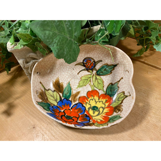 Vintage Bright Floral Japanese Dish with Crazing (missing bamboo handles) | G.O. Kyoto | Made In Japan | Asian Table Decor | Boho Decor