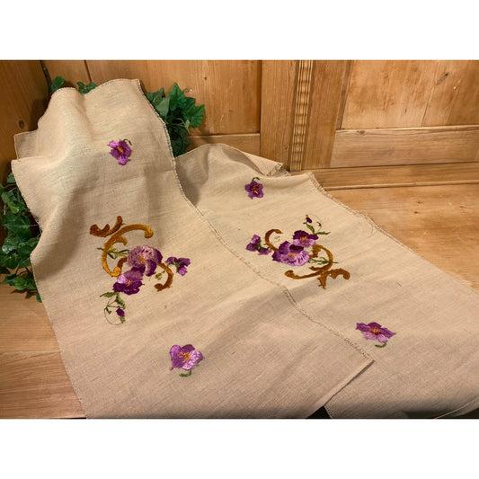 Vintage Floral Textile Art | Purple Violets | Needlepoint | Embroidery | Stitched Purple Flowers on Linen | Shabby Chic Decor | Cottagecore