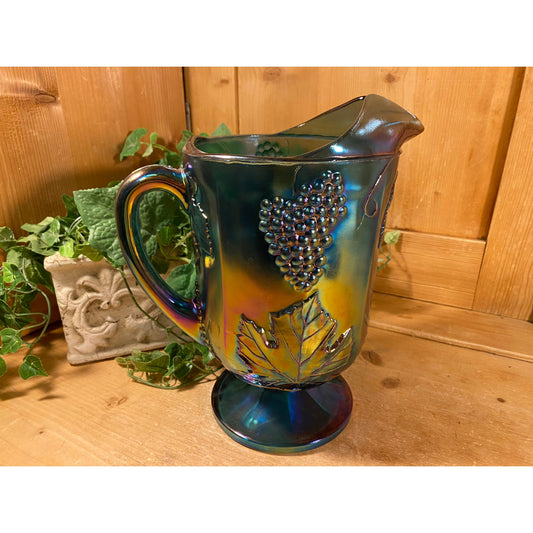 Vintage Harvest Grape Blue Carnival Glass Water Pitcher | Indiana Glass | Shabby Chic Table Decor | Iridescent Glass Water or Tea Pitcher