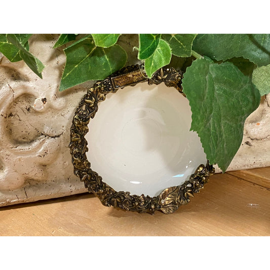 Vintage White Ceramic Trinket Dish with Ornate Floral Metal Rim | Souvenir Trinket Dish | Midcentury Modern Table Decor | Shelf Decor