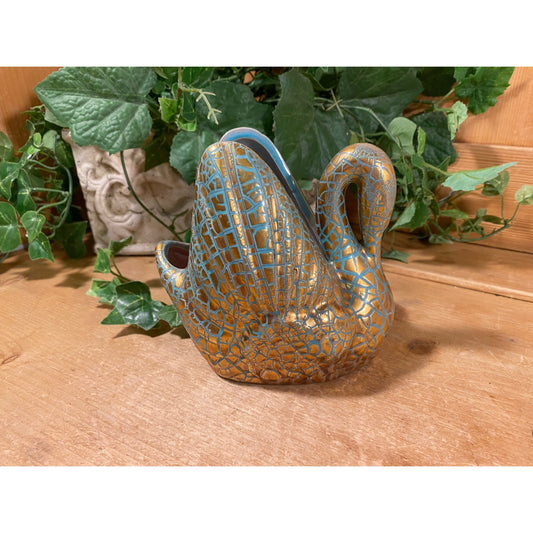 Vintage Gonder Pottery Swan Planter | Turquoise and Gold Crackle Finish | Midcentury Modern Table Decor | USA | Swans | Shabby Chic Decor