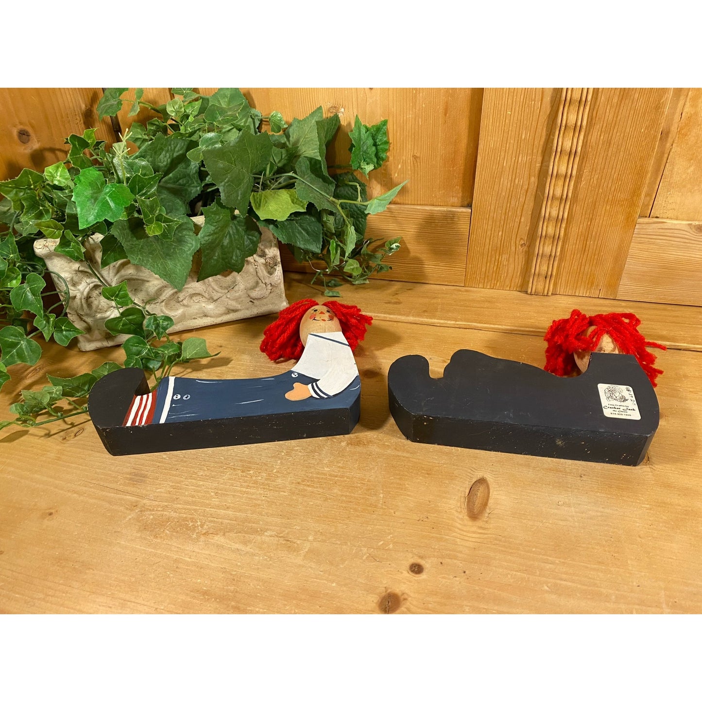 Vintage Raggedy Ann and Raggedy Andy Wooden Shelf Sitters with Yarn Hair - Set of 2 | Nursery Decor | Raggedy Ann & Andy Wood Doll Bookends