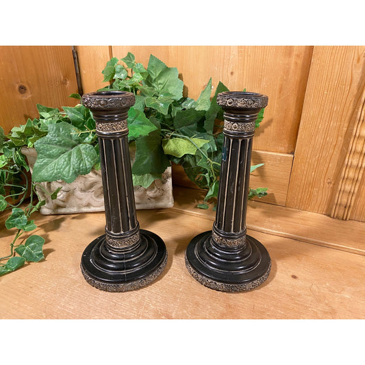 Vintage Classic Black and Gray Candlesticks - Set of 2 | Academia Decor | Black/Gray Resin-Type Candle Holders | Academia Table Decor