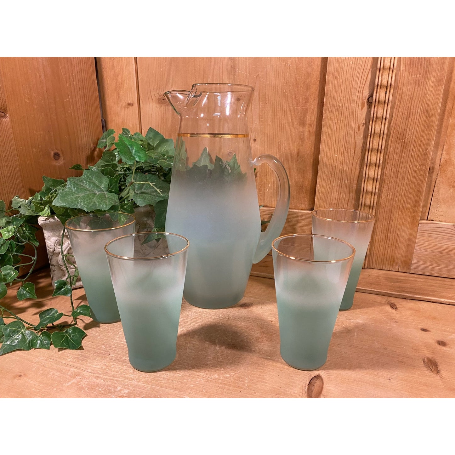 Vintage Blendo Frosted Aqua Blue Glass Pitcher and Tumblers - Set of 5 | Midcentury Modern Drinkware Set | Blendo Pitcher + Glasses