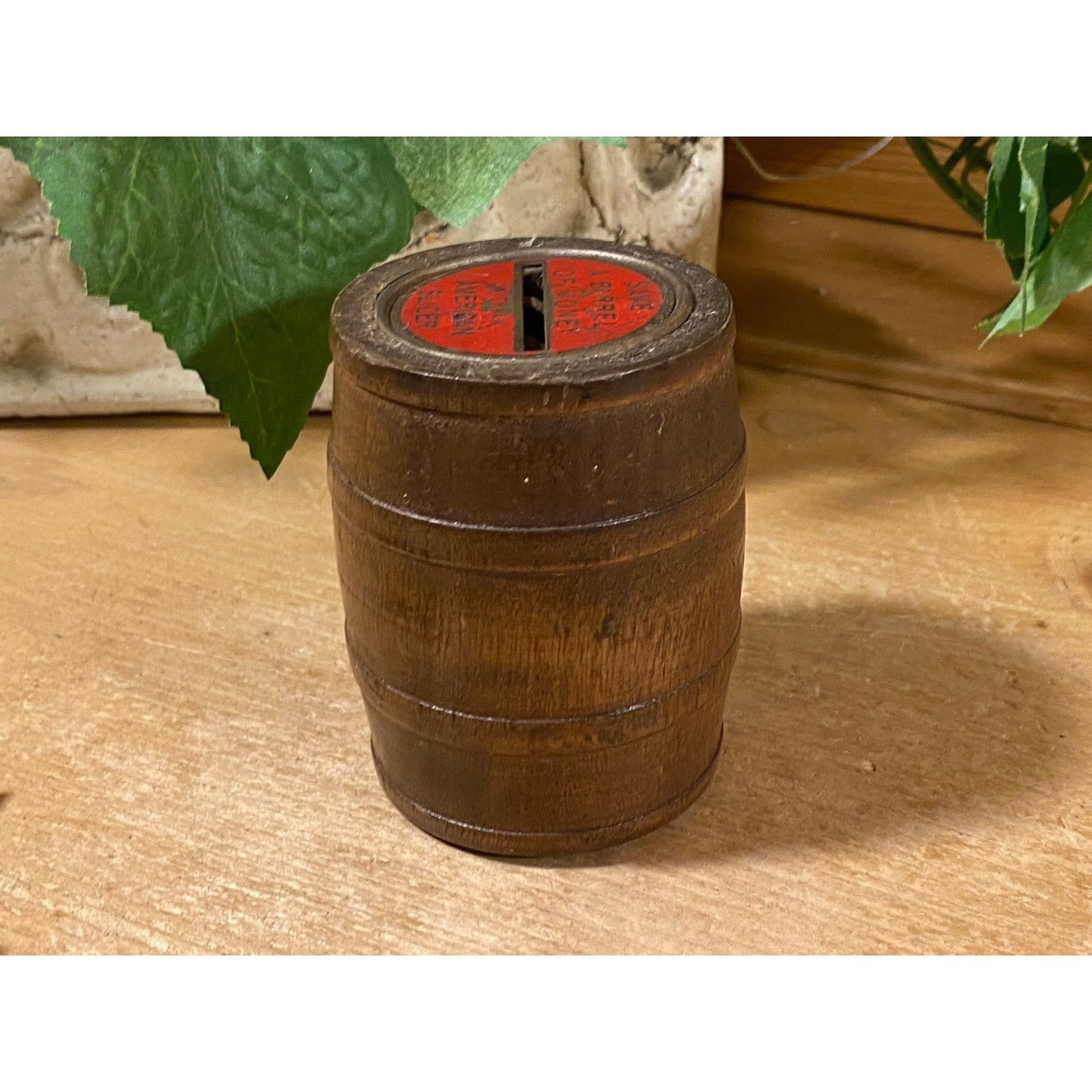 Vintage Wooden Barrel Coin Bank | "Save A Barrel of Money with An American Slicer" | Wood Barrel Coin Bank | Vintage Advertising | Farmhouse