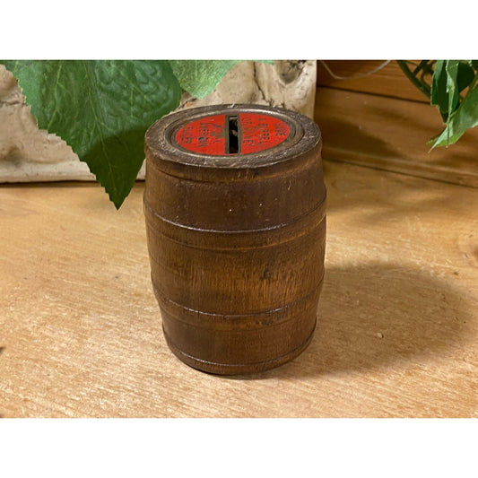 Vintage Wooden Barrel Coin Bank | "Save A Barrel of Money with An American Slicer" | Wood Barrel Coin Bank | Vintage Advertising | Farmhouse