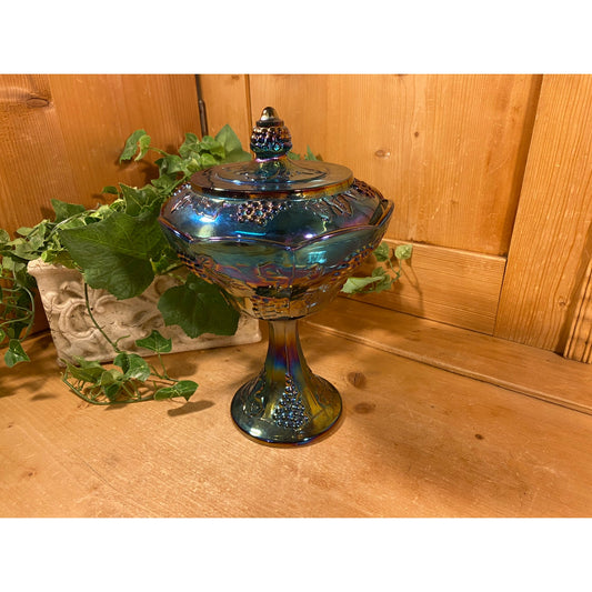 Vintage Harvest Grape Blue Carnival Glass Candy Dish | Indiana Glass | Shabby Chic Table Decor | Iridescent Glass Pedestal Bowl with Cover