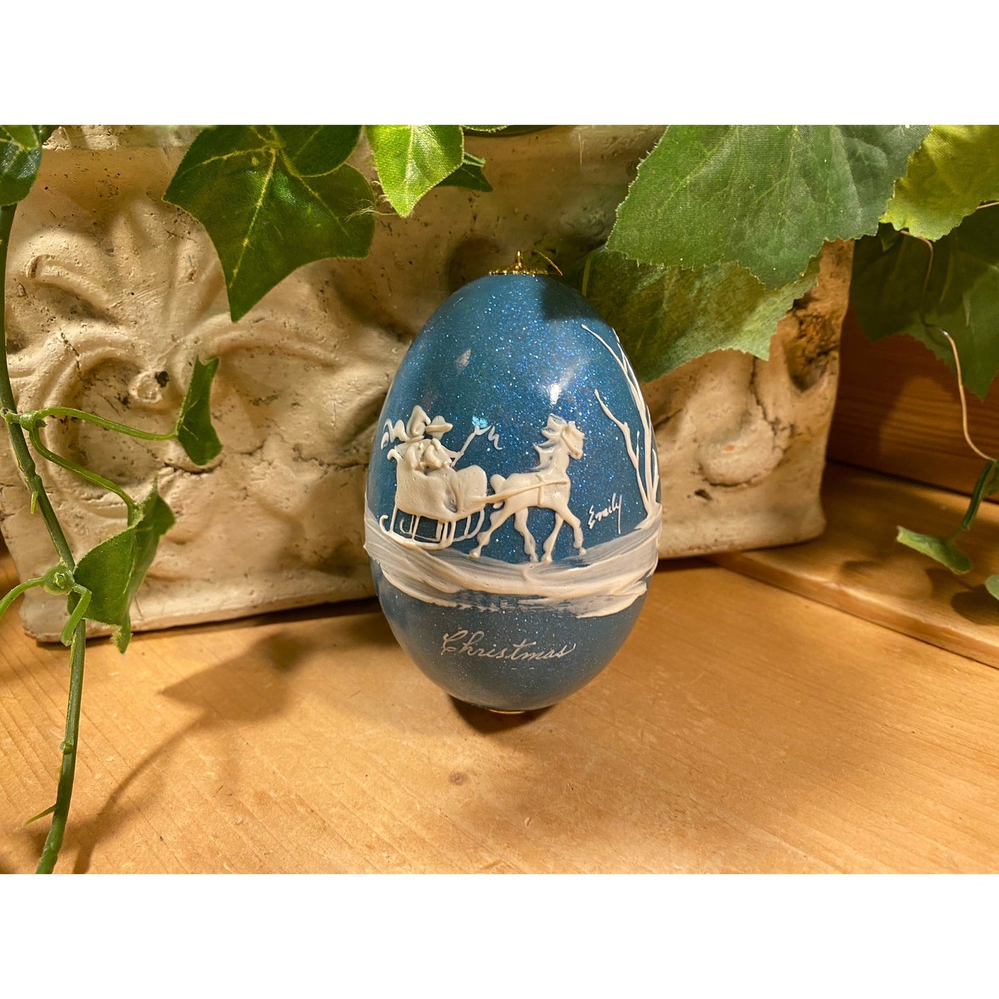 Vintage Handpainted Real Eggshell Ornament | Victorian Sleigh | Eggsquisite Egg | Blue Christmas Egg | Painted Chicken Egg Signed by Emily