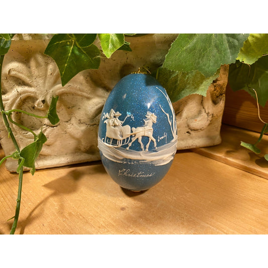 Vintage Handpainted Real Eggshell Ornament | Victorian Sleigh | Eggsquisite Egg | Blue Christmas Egg | Painted Chicken Egg Signed by Emily