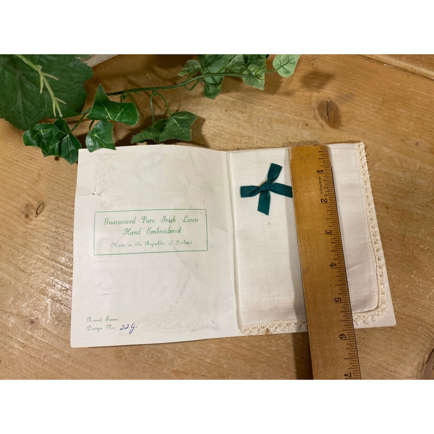 Vintage Ireland Souvenir | Irish Handkerchief | Hand Embroidered Irish Linen Shamrock, Green Ribbon and Tatted Trim | An Irish Gift