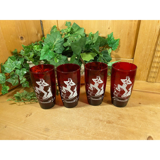 Vintage Ruby Red Glass Square Dancing Glasses - Set of 4  | Partners All  | Anchor Hocking | Ruby Glass Water Glasses | Midcntury Modern