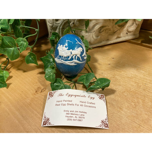 Vintage Handpainted Real Eggshell Ornament | Victorian Sleigh Ride | Eggsquisite Egg | Blue Christmas Egg | Painted Egg Signed by Artist