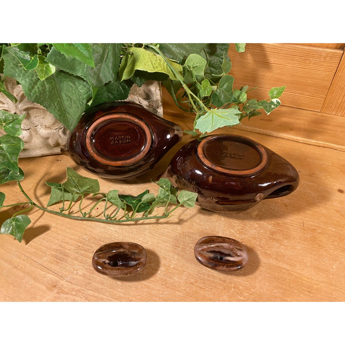 Vintage Brown Drip Ceramic Teapots - Set of 2 | Aladdin / Genie Teapot | Pair of Brown Pottery Teapots | Boho Kitchen Decor | Bohemian Decor