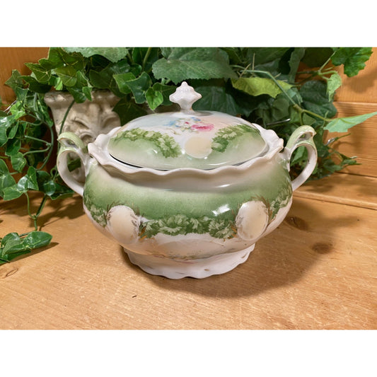 Vintage Floral China Serving Dish with Cover | Green and White Floral | Victorian Serving Bowl | Cottagecore Table Decor | Shabby Chic
