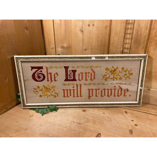 Vintage Framed Victorian Needlework Punch-Paper Sampler | The Lord Will Provide | Handmade Victorian Embroidery | Shabby Chic Wall Decor