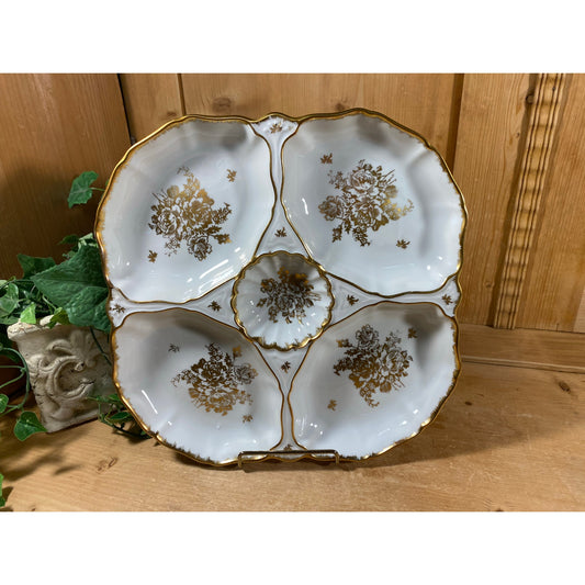 Vintage French Porcelain Oyster Dish with 22K Gold Trim | Fonde | Shabby Chic Decor | 5 Section White and Gold Divided Serving Dish Platter
