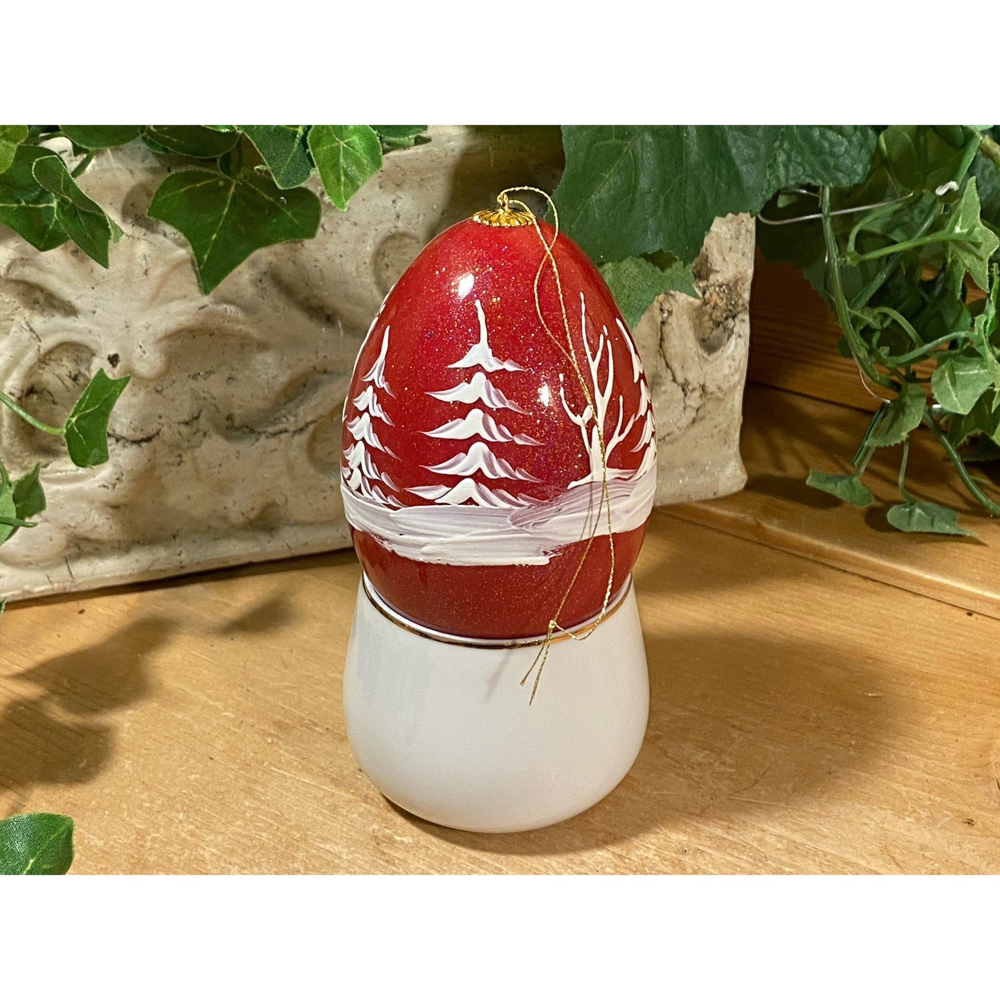Vintage Handpainted Real Eggshell with Winter Sleigh Ride Scene | Eggsquisite Egg |Christmas | Folkart | Red Painted Egg (cup not included)
